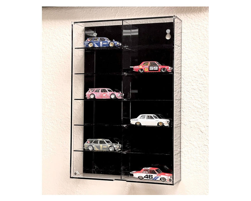 Showcase 1:64 12-Car Display Case Wall Mount Plastic Black Back Version With Cover - Mijo Exclusive 1/64 - MJ08012BK