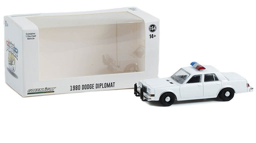Police - 1980-89 Dodge Diplomat with Light Bar and Push Bar in White - Hobby Exclusive - 1/64 Greenlight - 43006 B