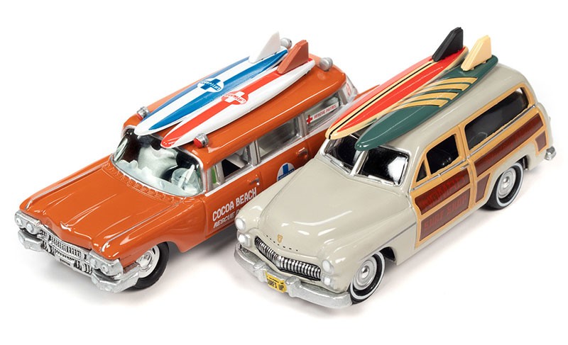 Surf Rods Pack - 1950 Mercury Woody Wagon - 1959 Cadillac Ambulance - Set of 2 - Johnny Lightning - 1:64 - JLSP343 B