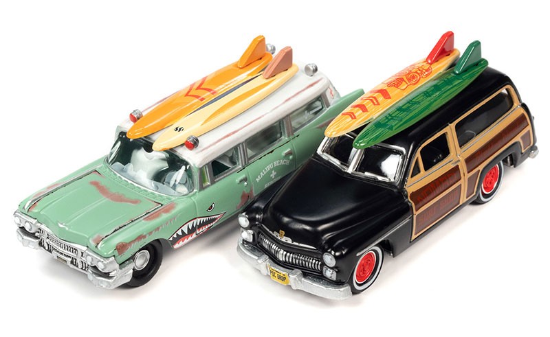 Surf Rods Pack - 1950 Mercury Woody Wagon - 1959 Cadillac Ambulance - Set of 2 - Johnny Lightning - 1:64 - JLSP343 A