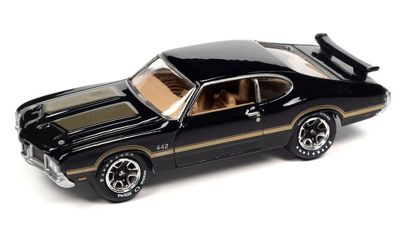 1972 Oldsmobile 442 W30 in Black with Gold Hood and Side Stripes - Johnny Lightning - 1/64 - JLSP339 B Passion Diecast