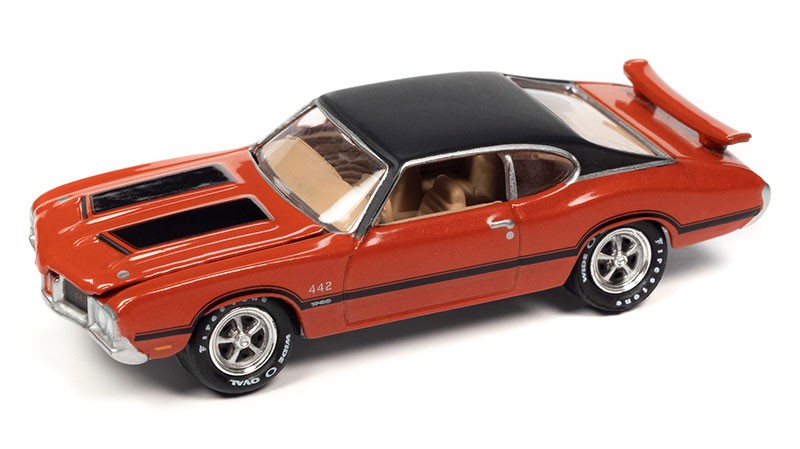 1972 Oldsmobile 442 W30 in Flame Orange Poly with Flat Black Roof, Hood and Side Stripes - Johnny Lightning - 1/64 - JLSP339 A