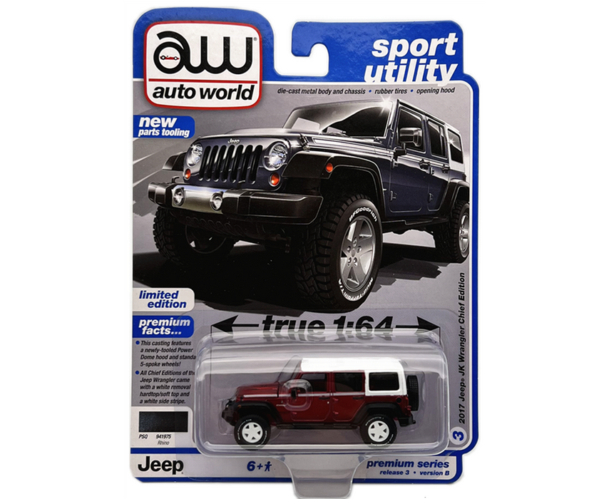CHASE 2017 Jeep Wrangler Chief Edition in Rhino with White Roof and Side Stripe - Auto World - 1/64 - AWSP108 BGR