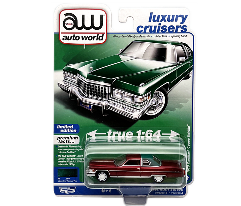 CHASE 1975 Cadillac Coupe DeVille in Greenbriar Firemist Poly with Dark Green Vinyl Roof - Auto World - 1/64 - AWSP109 AGR
