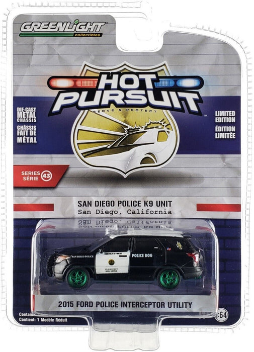 GreenMachine San Diego Police K9, California - 2015 Ford Police Interceptor - Hot Pursuit Series 43 -1/64 Greenlight - 43010 EGR