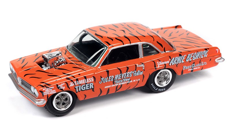 1963 Pontiac Tempest in Orange with Tiger Stripes - Arnie The Farmer Beswick - Johnny Lightning - 1/64 - JLSP355 B
