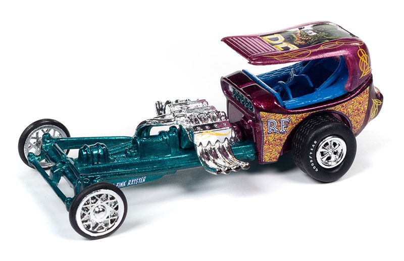 RAT FINK - Dragster in Green and Fuscia Metal Flake - Johnny Lightning - 1/64 - JLSP345 Passion Diecast