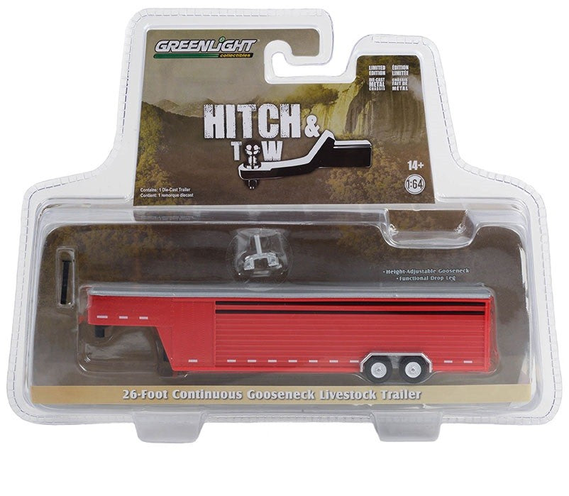 26' Continuous Gooseneck Livestock Trailer in Red - Hitch & Tow Trailers - Hobby Exclusive - 1/64 Greenlight - 30423