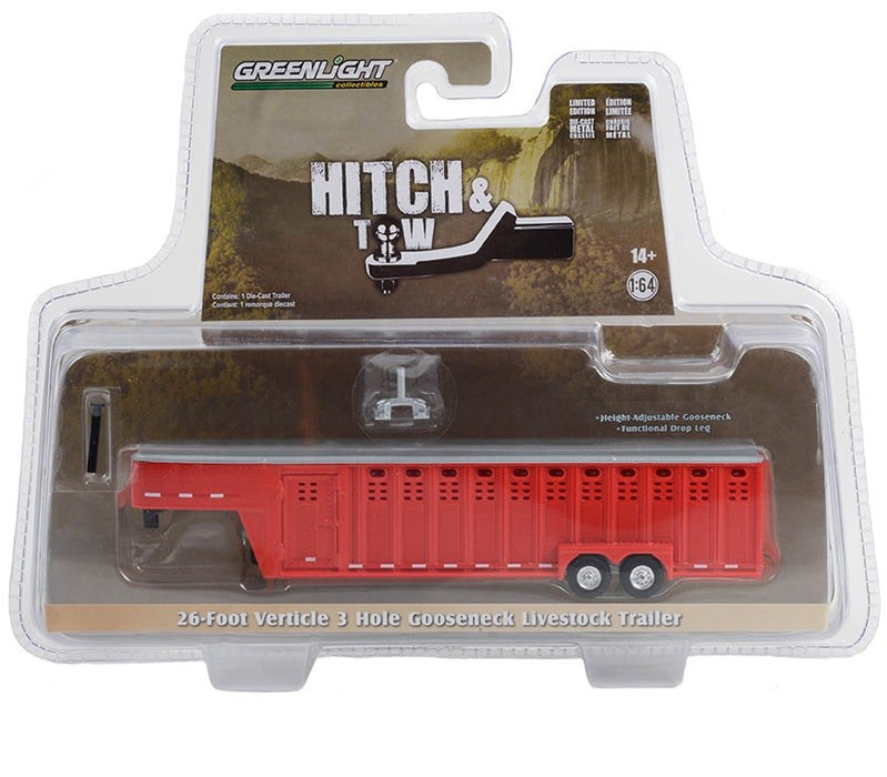 26' Vertical Three Hole Gooseneck Livestock Trailer in Red - Hitch & Tow Trailers - Hobby Exclusive - 1/64 Greenlight - 30421
