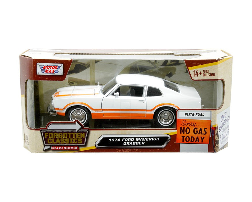 1974 Ford Maverick Grabber - White with Orange Stripes - Forgotten Classics - Motormax 1-24 - 73332 AC WHOR - Passion Diecast 