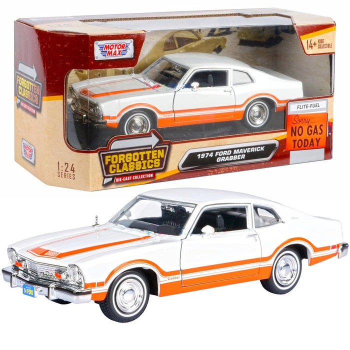 1974 Ford Maverick Grabber - White with Orange Stripes - Forgotten Classics - Motormax 1-24 - 73332 AC WHOR - Passion Diecast 