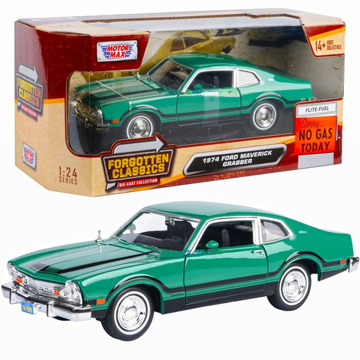 1974 Ford Maverick Grabber - Green with Black Stripes - Forgotten Classics - Motormax 1-24 - 73332 AC GRNBK - Passion Diecast 