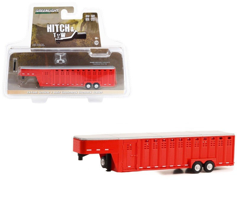 26' Vertical Three Hole Gooseneck Livestock Trailer in Red - Hitch & Tow Trailers - Hobby Exclusive - 1/64 Greenlight - 30421