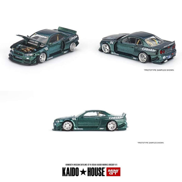 Kaido★House - Nissan Skyline GT-R (R34) Kaido Works GReddy V1 - Mini GT - Mijo Exclusives - 1/64 - KHMG074 Passion Diecast