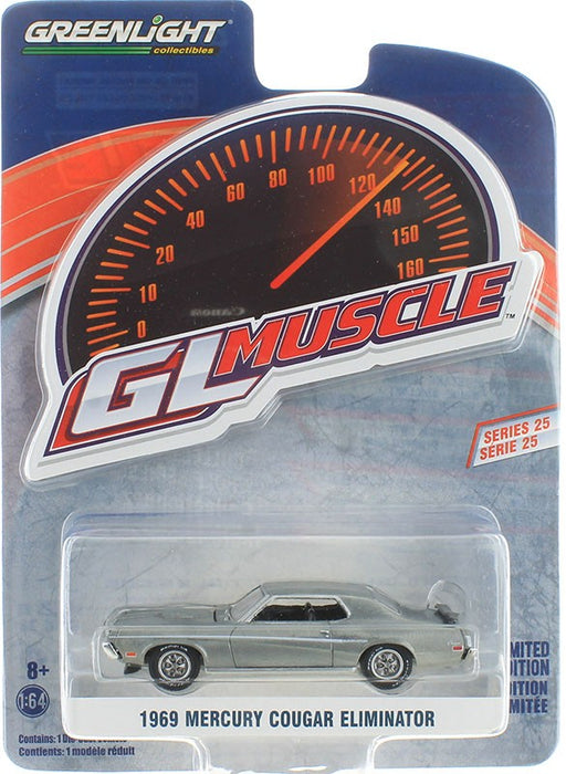 GreenMachine 1969 Mercury Cougar Eliminator in Medium Blue Iridescent -   GL Muscle Series 25 -1-64 Greenlight - 13300 BGR