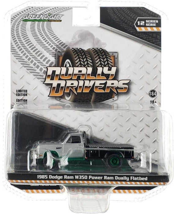 GreenMachine 1985 Dodge Ram W350 Power Ram Dually Flatbed in Silver - Dually Drivers Series 12 - 1/64 Greenlight - 46120 BGR