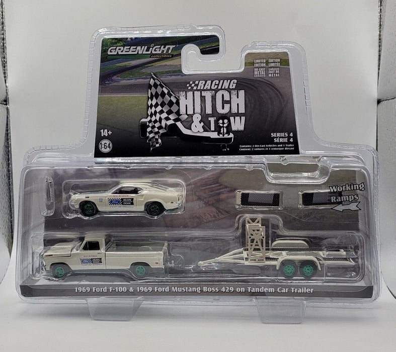 GreenMachine 1969 Ford F-100 and 1969 Ford Mustang Boss 429 - on Tandem Car Trailer - 1/64 Greenlight - 31140 BGR