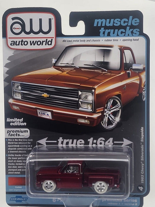 CHASE CAR 1983 Chevrolet Silverado Stepside - Lowered - in Tangerine Poly - Auto World - 1/64 - AWSP126 BGR Passion Diecast