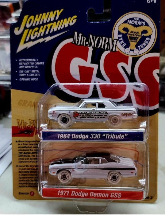 CHASE CAR M. Norm 1964 Dodge 330 Tribute & 1971 Dodge Demon GSS - Set of 2 - Johnny Lightning - 1:64 - JLSP275 BGR