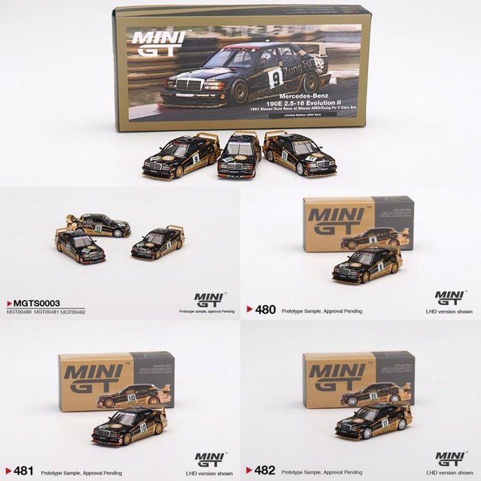 (Preorder) Mercedes-Benz 190E 2.5-16 Evolution II Macau Guia Race of Macau AMG/Zung Fu 3 Cars Set - Mini GT - 1:64 - MGTS0003