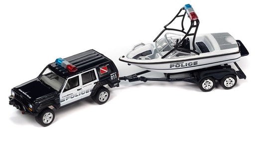 (Preorder) 1988 Jeep Cherokee with Mastercraft Boat and Light Bar - Truck&Trailers - Johnny Lightning  1:64 - JLSP352 A