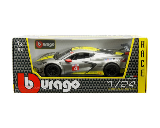 2020 Chevrolet Corvette C8R - Grey Metallic with Yellow Stripes - Race Series - Bburago 1/24 - 18-28024 - Passion Diecast 