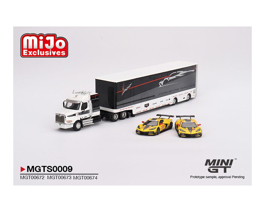 Chevrolet Corvette C8R Racing Cars no.3 & no.33 Winners with Western Star Transporter - MINI GT 1/64 - MGTS0009