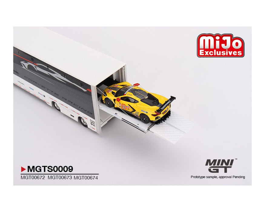 Chevrolet Corvette C8R Racing Cars no.3 & no.33 Winners with Western Star Transporter - MINI GT 1/64 - MGTS0009