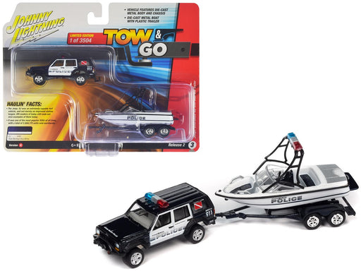 (Preorder) 1988 Jeep Cherokee with Mastercraft Boat and Light Bar - Truck&Trailers - Johnny Lightning  1:64 - JLSP352 A