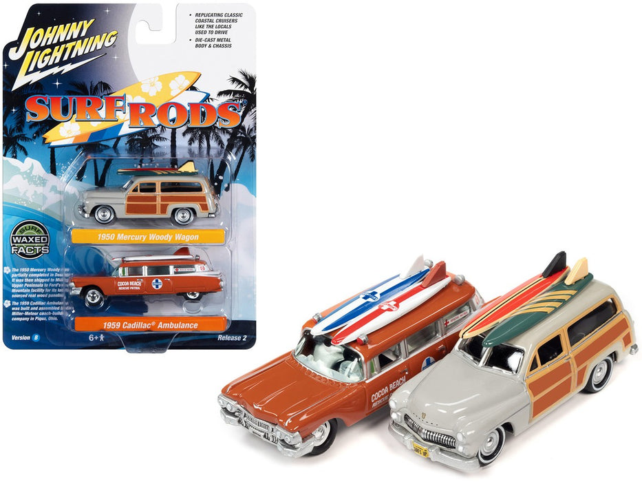 Surf Rods Pack - 1950 Mercury Woody Wagon - 1959 Cadillac Ambulance - Set of 2 - Johnny Lightning - 1:64 - JLSP343 B