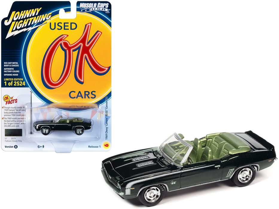 1969 Chevrolet Camaro RS/SS Convertible in Fathom Green Poly with White Hockey Side Stripe - Johnny Lightning - 1/64 - JLSP335 A
