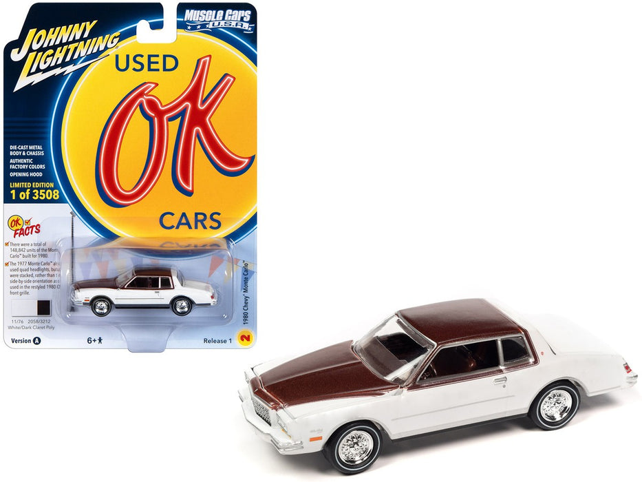 1980 Chevrolet Monte Carlo in Gloss White with Dark Claret Poly Roof and Hood - Johnny Lightning - 1/64 - JLSP336 A