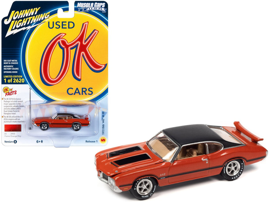 1972 Oldsmobile 442 W30 in Flame Orange Poly with Flat Black Roof, Hood and Side Stripes - Johnny Lightning - 1/64 - JLSP339 A