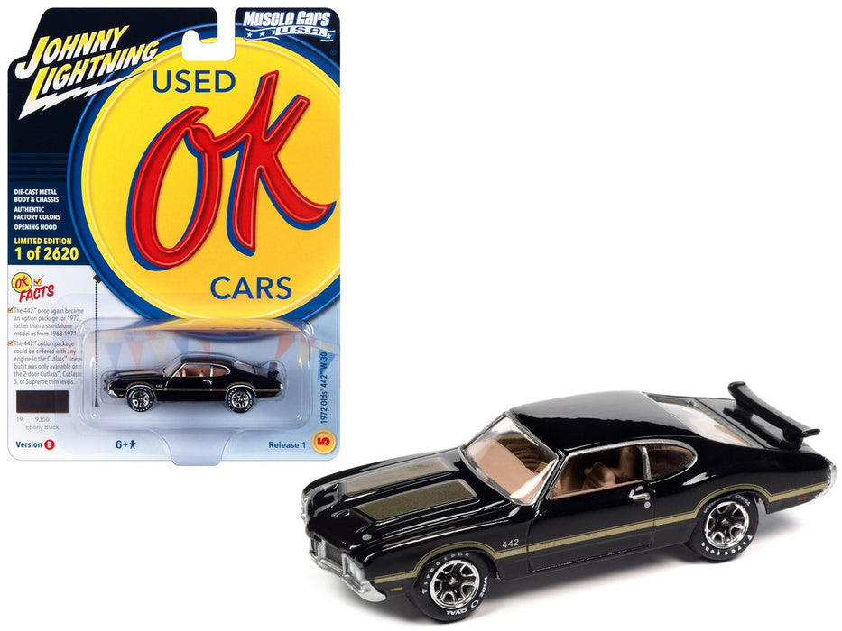 1972 Oldsmobile 442 W30 in Black with Gold Hood and Side Stripes - Johnny Lightning - 1/64 - JLSP339 B Passion Diecast