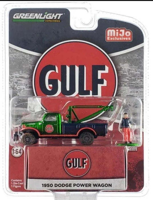 (Green Machine) 1950 Dodge Power Wagon Tow Truck Gulf Oil Figure Limited 3,600 - Mijo Exclusives - 1/64 Greenlight - 51543GR