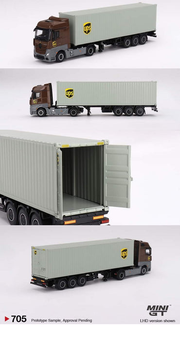 Mercedes-Benz Actros w/ 40 Ft Container - UPS Europe - MINI GT 1/64 - MGT00705 - Passion Diecast