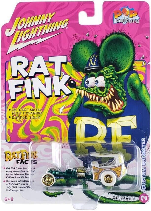 (CHASE) RAT FINK - Dragster in Green and Fuscia Metal Flake - Johnny Lightning - 1/64 - JLSP345GR Passion Diecast