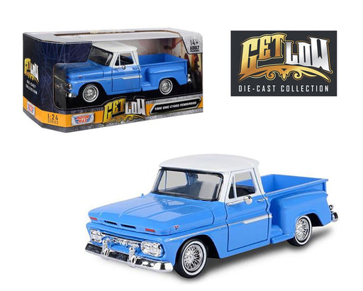 1966 Chevrolet C10 Stepside w/ White Top Lowrider (Blue)  - Get Low - Motormax 1-24 - 79035 BL - Passion Diecast 