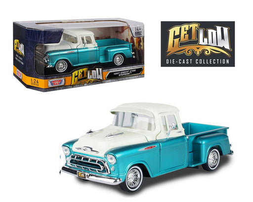 1955 Chevrolet Stepside Lowrider - Two-Tone Turquoise/White - Get Low - Motormax 1-24 - 79032 TQ - Passion Diecast 