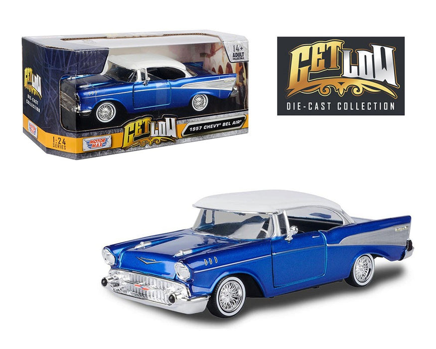 1957 Chevrolet Bel Air Lowrider - Blue with White Top - Get Low - Motormax 1-24 - 79030 BL - Passion Diecast 