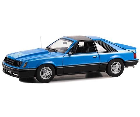 1981 Ford Mustang Cobra T-Top - Medium Blue with Light Blue Cobra Hood Graphics and Stripe - Greenlight 1/18 - 13679