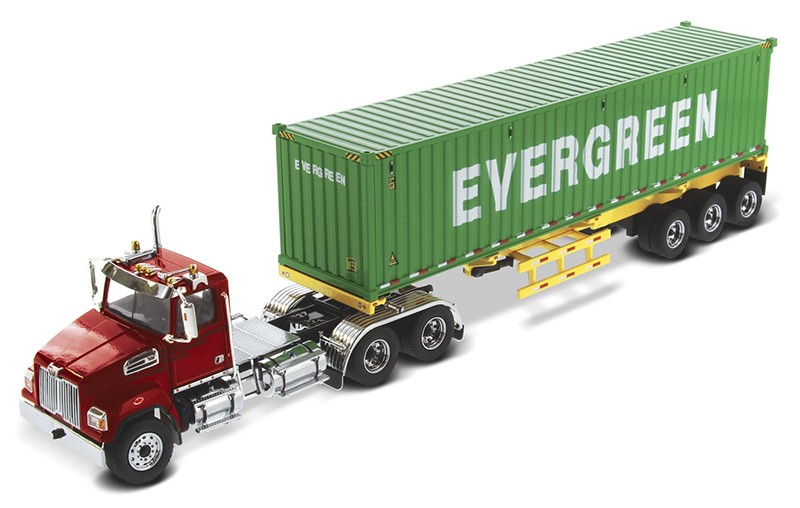 Western Star 4700 Day Cab Red with Yellow Skeletal Trailer and 40' EverGreen Shipping Container - Diecast Master - 1/50 - 71049