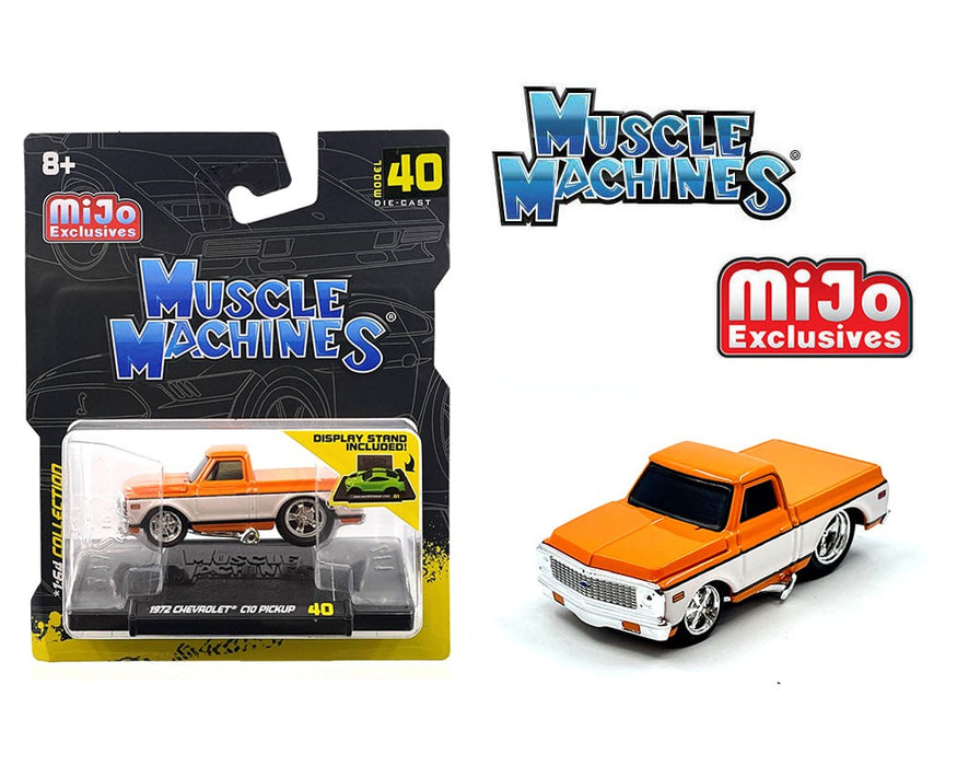 1972 Chevrolet C-10 Pick Up Edelbrock - White with Orange - Mijo Exclusives - Maisto - Muscle Machines 1/64 - 15567OR