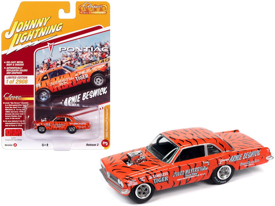 1963 Pontiac Tempest in Orange with Tiger Stripes - Arnie The Farmer Beswick - Johnny Lightning - 1/64 - JLSP355 B