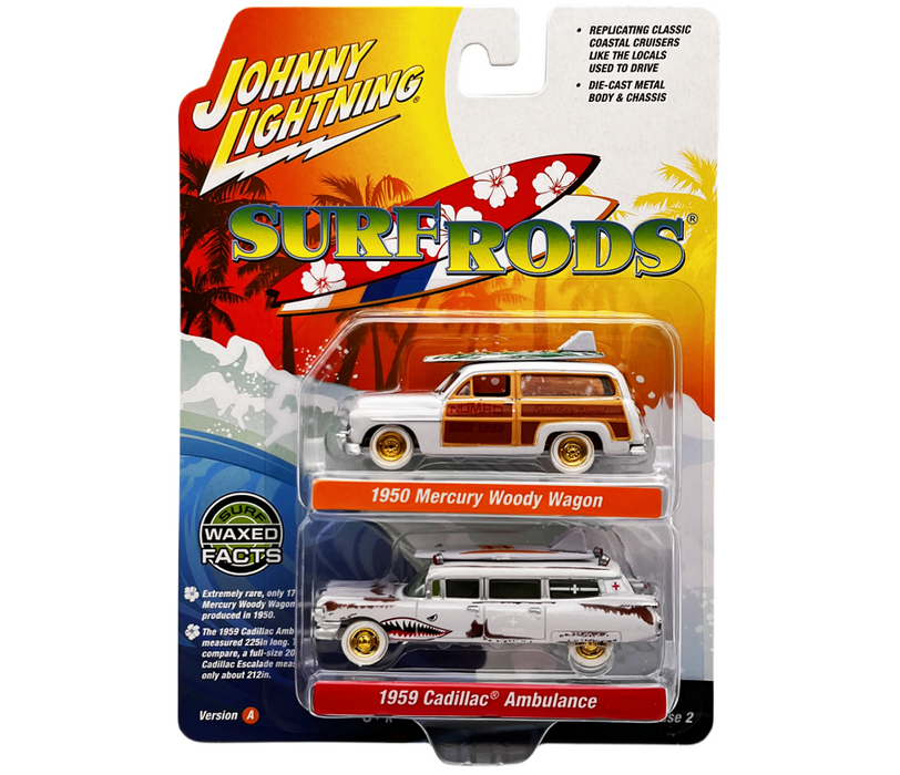 CHASE CAR Surf Rods Pack - 1950 Mercury Woody Wagon - 1959 Cadillac Ambulance - Set of 2 - Johnny Lightning - 1:64 - JLSP343 AGR