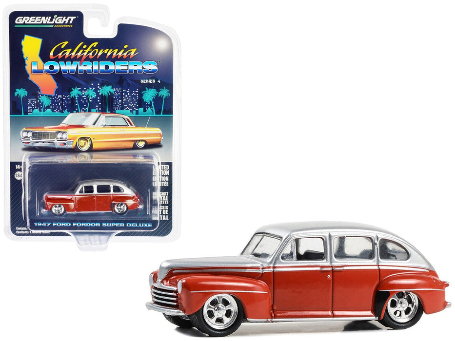 1947 Ford Fordor Super Deluxe in Silver Metallic over Red Two-Tone - California Lowriders Series 4 - 1/64 Greenlight - 63050 A