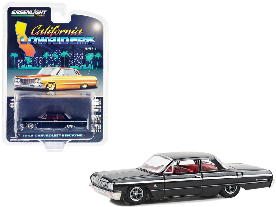 1964 Chevrolet Biscayne in Black with Red Interior - California Lowriders Series 4 - 1/64 Greenlight - 63050 D