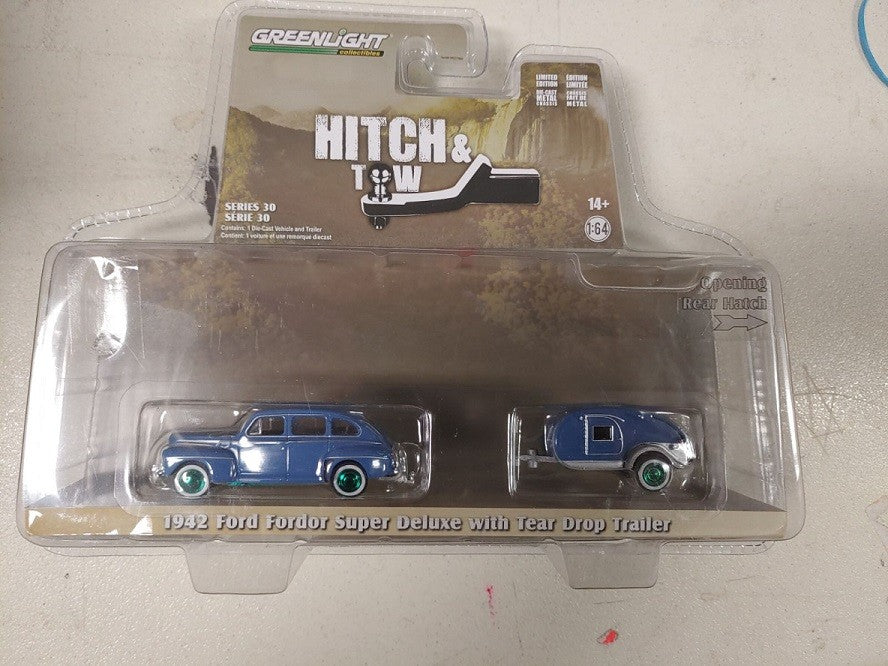 (Green Machine) 1942 Ford Fordor Super Deluxe with Tear Drop Trailer - Hitch & Tow Series 30 - 1/64 Greenlight - 32300 AGR