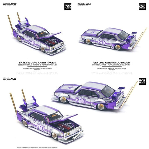 SKYLINE C210 KAIDO RACER (BOSOZOKU STYLE) PURPLE CHROME/SILVER - Pop Race 1:64 - PR640107 -  Passion Diecast 