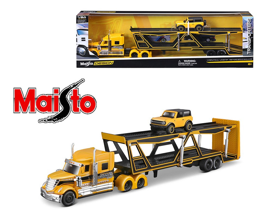 International LoneStar and 2021 Ford Bronco Badlands - Yellow - Design Transporters - Maisto 1/64 - 11454 YL - Passion Diecast 